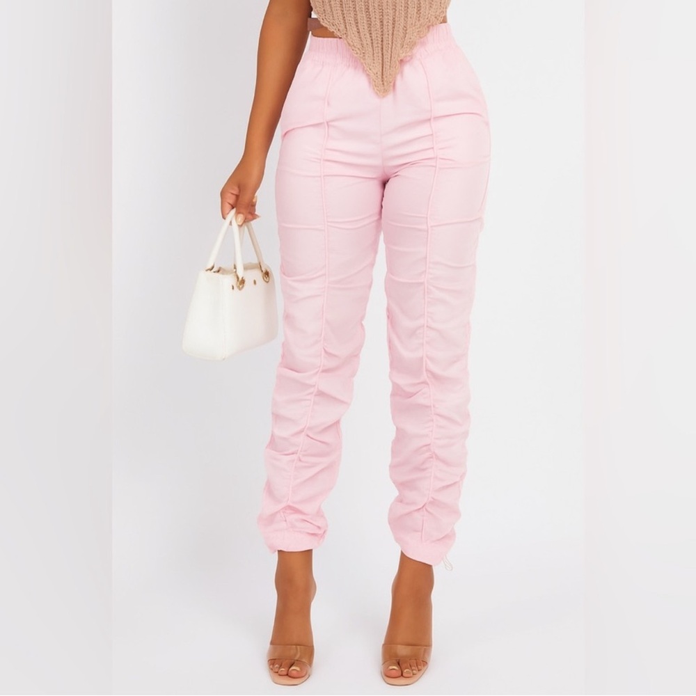 Pink High Waist Ruched Drawstring Pants – Size L Women’s Casual Slim Fit